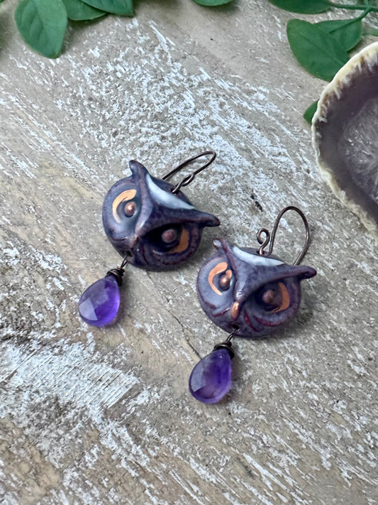 Artisan Enamel Owls & Amethyst