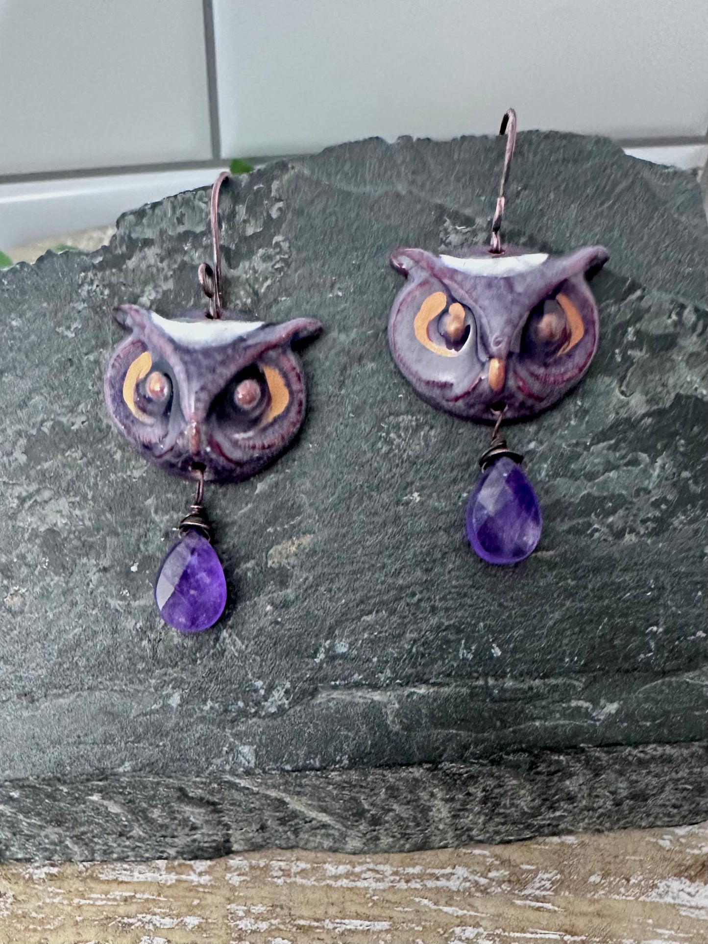 Artisan Enamel Owls & Amethyst