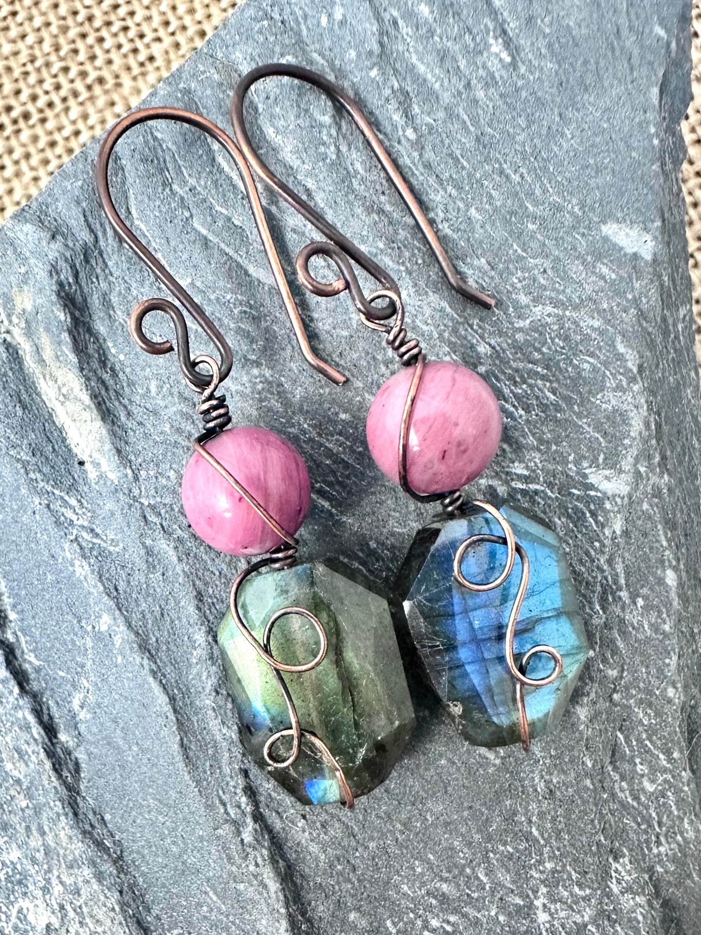 Rhodonite & Labradorite Copper Earrings