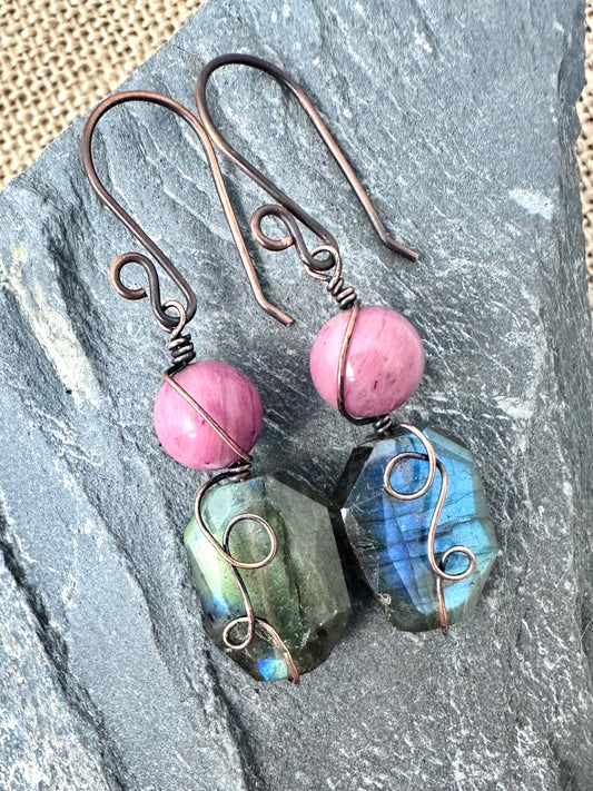 Rhodonite & Labradorite Copper Earrings